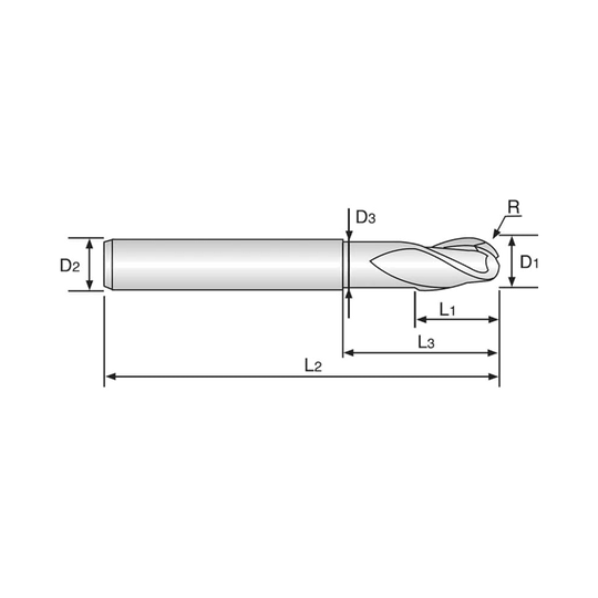 D-POWER 3 Flute 30°Helix Short Ball End mill With Neck (EI881)